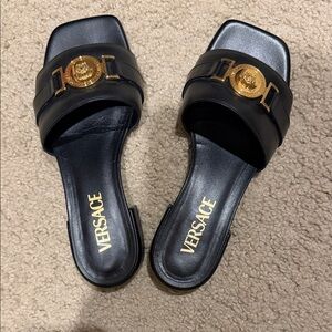 Versace Black Leather Slide Mules with Gold Medallion